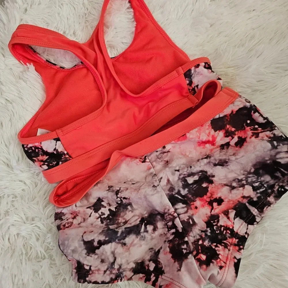 Women's Pink and Black Tie-Dye Sports Bra and Shorts Set
